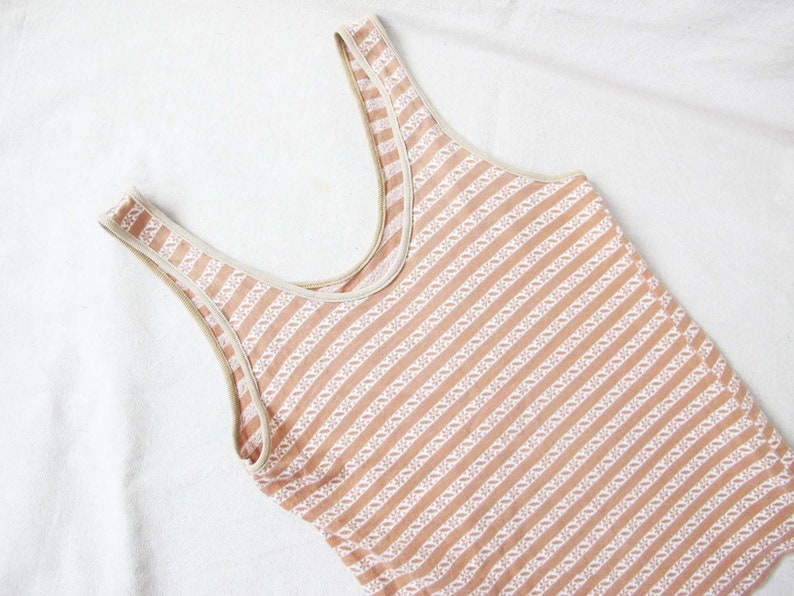 Vintage 70s Stripe Jacquard Knit Tank Top M Tan White Scoop Neck Knit Sleeveless Shirt image 1