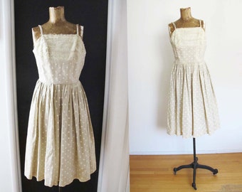 Vintage 50s Lace and Polka Dot Beige White Strappy Sundress XS - 1950s Rockabilly Neutral Full Skirt Dress