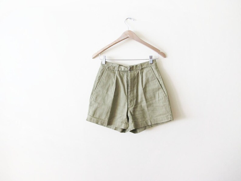 Vintage 80s High Waisted Shorts 25 Olive Green Womens Pleat Front Shorts 80s Clothing Cotton Natural Fiber Vintage Shorts Minimalist