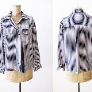 Vintage 90s Blue Brown Striped Collared Button Up Blouse Minimalist Minimal Style Chest Pocket Long Sleeve Shirt Preppy Academia Aesthetic
