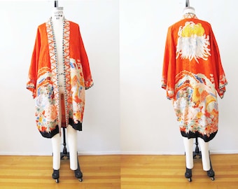 Vintage 1950s Floral Silk Kimono Open Front Dressing Robe One Size