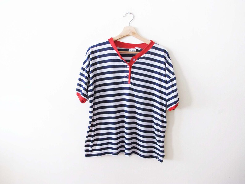 Vintage 80s Blue Striped Henley Neck T Shirt M L 1980s Soft Thin Nautical White Blue Shirt image 2