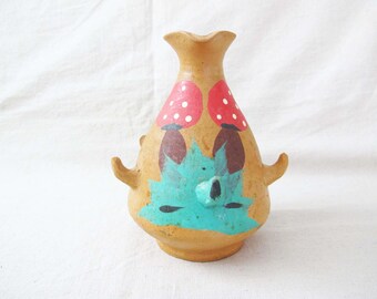 Vintage Painted Mushroom Terracotta Vessel - Hand Painted Clay Handled Flower Vase - Woodland Gnomecore