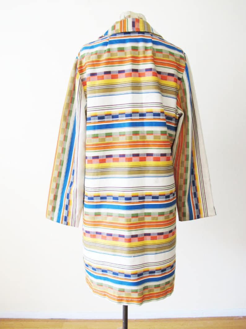 1960s Clothing Colorful Mexican Blanket Pattern Bohemian Coat Vintage 60s Coat S 1960s Rainbow Stripe Checkerboard Womens Coat