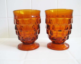 Vintage Whitehall Cube Dark Amber Yellow Juice Glass Tumblers set of 2