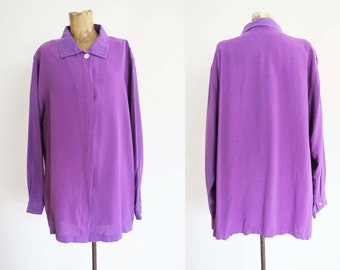 Vintage 90s Purple Silk Long Sleeve Shirt L - 1990s Grape Purple Collared Solid Color Button Up Blouse