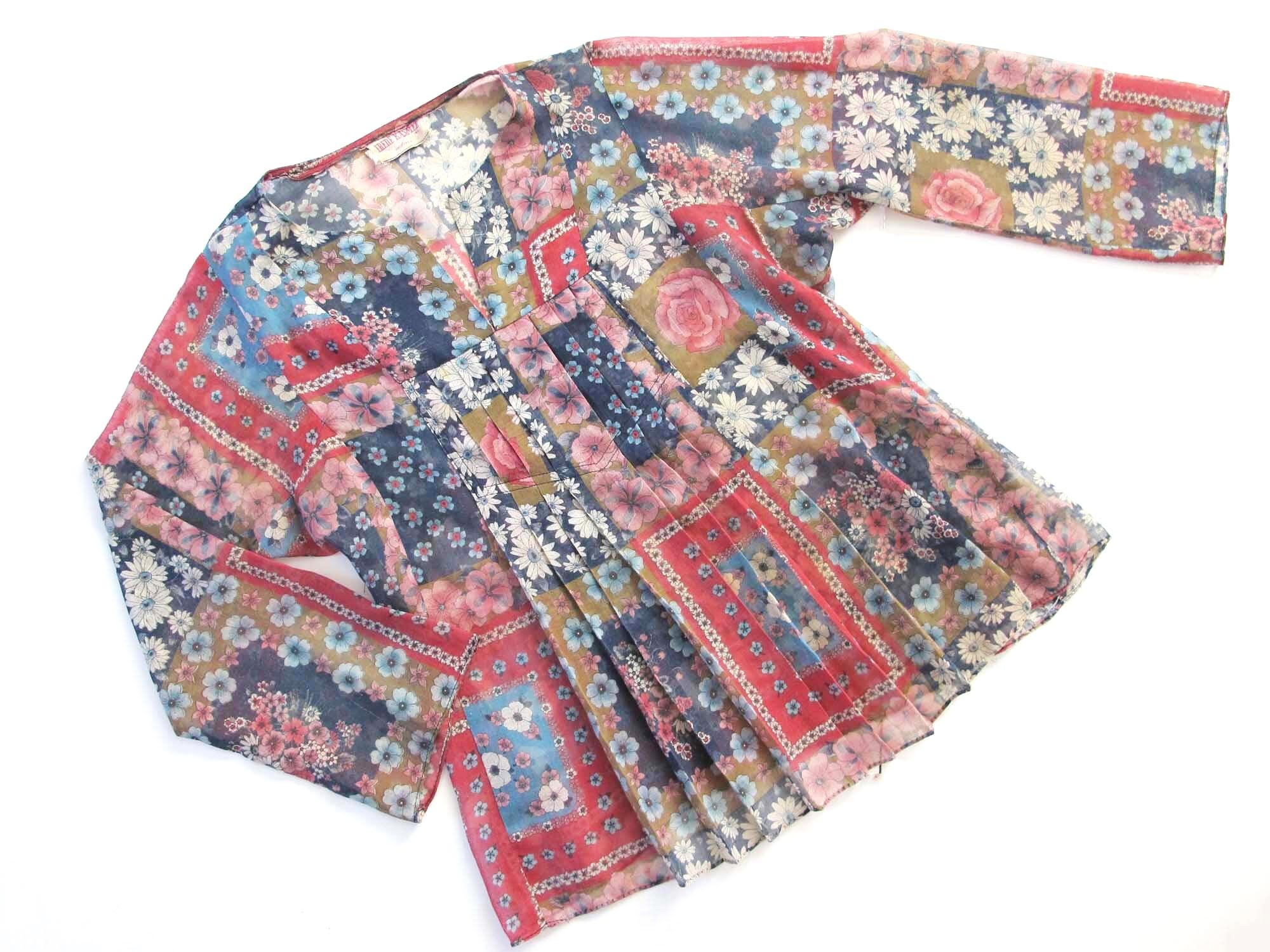 Vintage 70s Gauze Cotton Floral Patchwork Print Blouse S - 1970s Bohemian Earthy Pintuck Tunic Long Sleeve Top