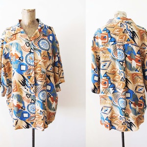Vintage Oversized 90s Abstract Print Shirt - Silk Button Up XL - Colorful Shapes Patterned Collared Shirt - 90s Clothing