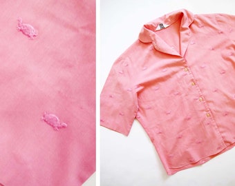 Vintage 60s Womens Turtle Embroidered Pink Blouse S M - Adelaar Collared Novelty Print  Button Up Top - Retro Rockabilly Kawaii