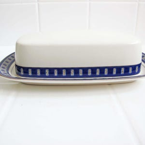 Vintage Mikasa Two Piece Butter Holder - Potters Touch Aztec Blue Covered Butter Dish Blue White Simple Geometric Design