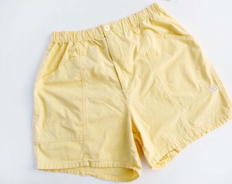 Vintage 90s Butter Yellow Cotton Casual Shorts M L - 1990s Light Pastel Yellow Lounge Shorts Elastic Waist