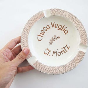 Vintage 50s Historic Chesa Veglia Hotel St. Moritz Switzerland Hand Painted Ceramic Ashtray Lanz Gwatt Folk Art Travel Europe
