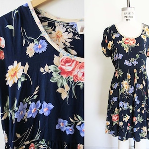 Vintage 90s Grunge Floral Mini Dress M - 1990s Navy Blue Rayon Scoop Neck Short Babydoll Skater Dress with Tie Waist