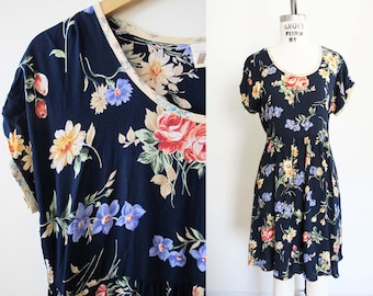90er Jahre Floral Mini Kleid: Vintage Rayon Babydoll Skater Kleid