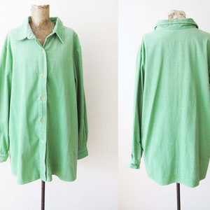 Vintage 90s Mint Green Corduroy Button Up Long Sleeve Shirt L XL 1990s Grunge Boxy Oversized Cord Jacket Pastel image 1