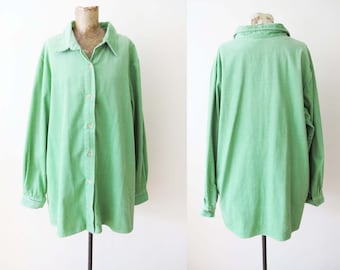 Vintage 90s Mint Green Corduroy Button Up Long Sleeve Shirt  L XL  - 1990s Grunge Boxy Oversized Cord Jacket Pastel