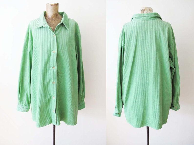 Vintage 90s Mint Green Corduroy Button Up Long Sleeve Shirt L XL 1990s Grunge Boxy Oversized Cord Jacket Pastel image 1