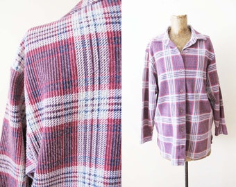 Vintage 90s Grunge Plaid Flannel Shirt S - 1990s Red Blue Long Sleeve Collared Button Down