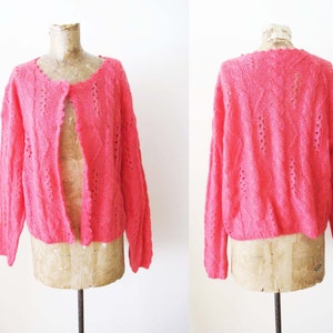 Vintage 90s Hot Pink Knit Cardigan S M 1990s Pointelle Mohair Blend Womens Slouchy Cardigan Sweater image 1