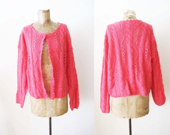 Vintage 90s Hot Pink Knit Cardigan S M - 1990s Pointelle Mohair Blend Womens Slouchy Cardigan Sweater