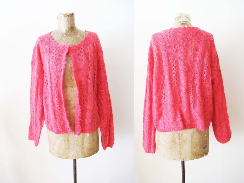Vintage 90s Hot Pink Knit Cardigan S M 1990s Pointelle Mohair Blend Womens Slouchy Cardigan Sweater image 1