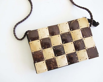 Vintage Checkerboard Mini Crossbody Purse - Natural Tan Brown Coconut Wood Small Minimalist Evening Bag