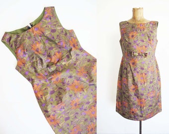 Vintage 60s Brown Floral Mini Dress S - 1960s Mod Sheath Shift Sundress - Rockabilly Retro