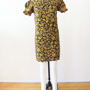 Vintage 60s Floral Babydoll Mini Dress XS 1960s Black Orange Yellow Puff Sleeve Shift Sundress Twiggy Mod Style image 3