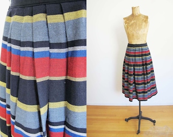 Vintage 60s Striped Pleated Skirt S - Bobbie Brooks 1960s Full Circle Skirt - High Waist Black Blue Red Folk Boho Midi Skirt