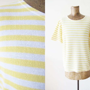 Vintage 90s Striped Shirt M  - Butter Yellow Ribbed Cotton Blend T Shirt - Boxy 1990s Short Sleeve T Shirt