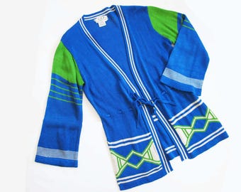 Vintage 70s Knit Cardigan Robe: Blue Green Boho Wide Sleeve (M/L)