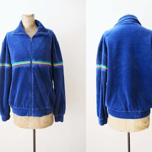 Vintage 70s Blue Velour Track Jacket Rainbow Stripe M - 1970s Velour Zip Up Warm Up Running Jacket