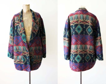 Vintage 90s Southwest Jacket S M - 1990s Western Long Blazer Jacket Earth Tone Burgundy Navajo Geometric Print