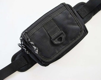 90s Black Fanny Pack - Vintage Nylon Side Bag - Single Strap Shoulder Bag - Minimalist Rectangular Multipocket Utility Bag Gender Neutral