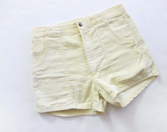 Vintage OP Style Cord Shorts M L 32 Taille - 80er Jahre Hell Gelb Surfy Cord Shorts - Lässige Gummibund Lounge Shorts Gender Neutral