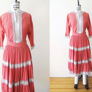Vintage 1950s Patio 2 Piece Western Skirt Blouse Set XS - Coral Silver Trim Square Dance Santa Fe New Mexico Cotton Dress