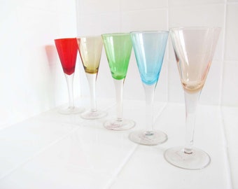 Vintage Multicolor Crystal Cordial Cocktail Glasses set of 5 - Hand Blown Small Glass Flute Aperitif Digestif Barware