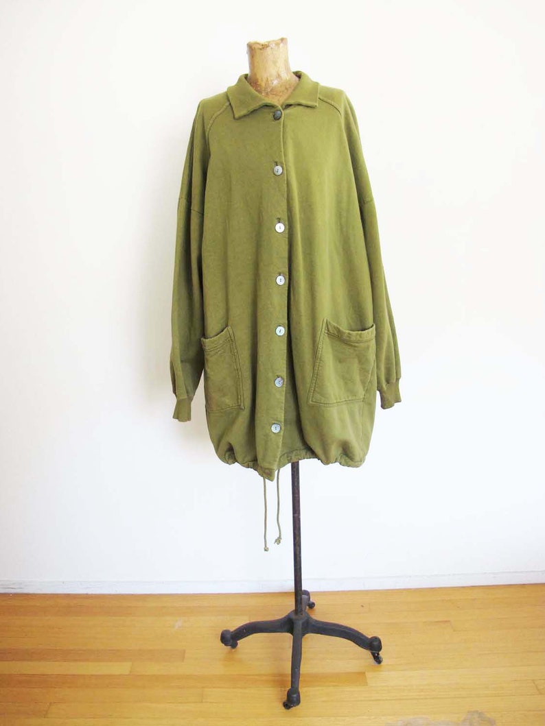 Vintage 90s Grunge Olive Green Long Cotton Anorak Sweater Jacket Baggy Oversized Large image 6