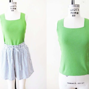 Vintage 2000s Lime Neon Green Stretchy Square Neck Tank Top S M  - Y2K Knitted Sleeveless Shirt