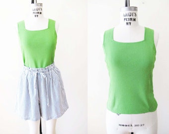 Vintage 2000s Lime Green Stretchy Square Neck Tank Top S M  - Y2K Knitted Sleeveless Shirt