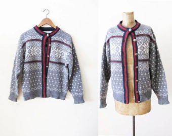 Vintage LL Bean Wool Fair Isle Cardigan Sweater S - 1980s Gray Norwegian Nordic Scandinavian Knit Winter Sweater