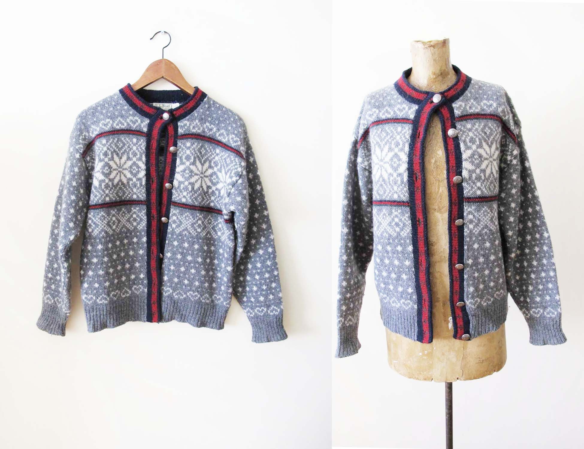 Vintage LL Bean Wool Fair Isle Cardigan Sweater S - 1980s Gray