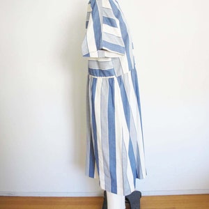 Vintage 80s Blue White Stripe Cotton Minimalist Dress M 1980s Wide Sleeve Simple Midi Sundress image 4