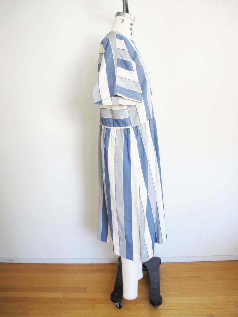 Vintage 80s Blue White Stripe Cotton Minimalist Dress M 1980s Wide Sleeve Simple Midi Sundress image 4