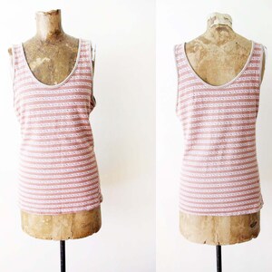 Vintage 70s Stripe Jacquard Knit Tank Top M Tan White Scoop Neck Knit Sleeveless Shirt image 2