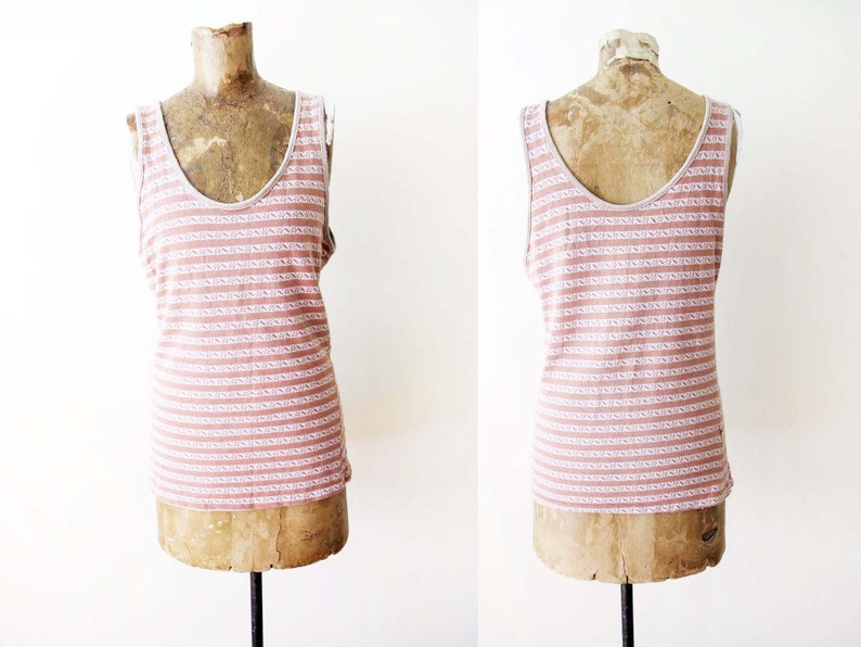 Vintage 70s Stripe Jacquard Knit Tank Top M Tan White Scoop Neck Knit Sleeveless Shirt image 2