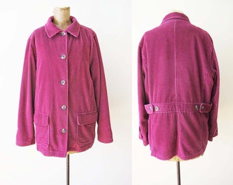 2000s LL Bean Corduroy Chore Jacket S M - Magenta Pink Quilted Lined Chunky Wide Wale Cord Button Up