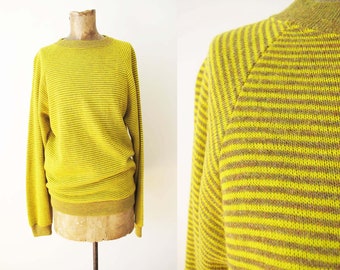 Vintage 60s Striped Raglan Sweatshirt Yellow Brown M - 1960s Surfy Crewneck Pullover Jumper Creslan Rayon