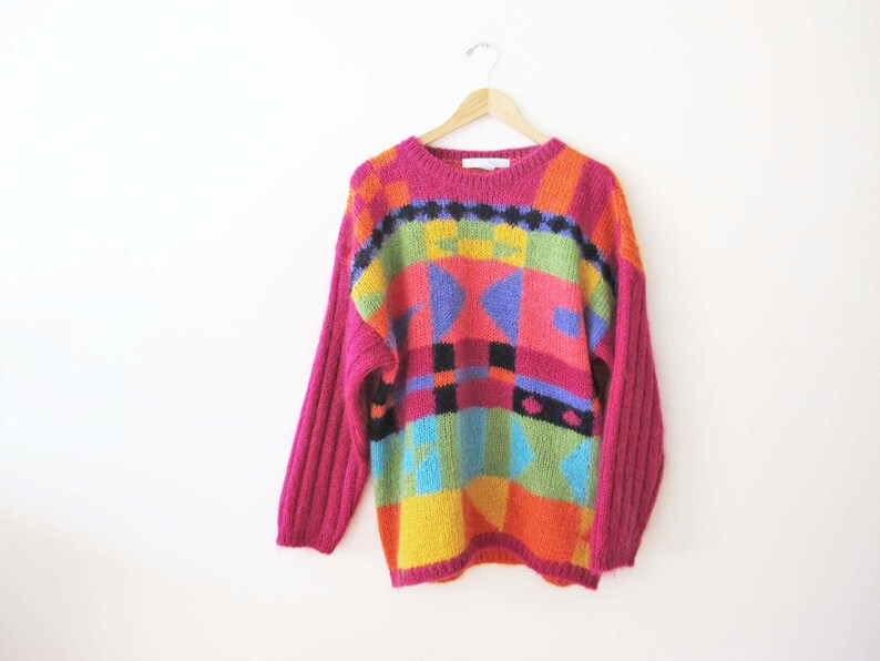Vintage 90s Mohair Blend Colorblock Geometric Oversized Ribbed Knit Sweater M L Pink Orange Multicolor image 3
