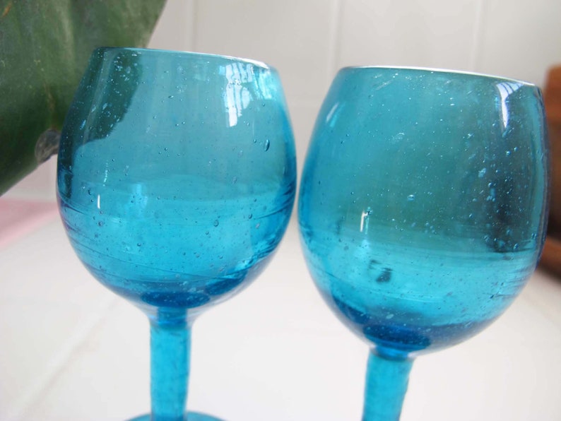 Vintage Turquoise Blue Aperitif Shot Glasses Set of 2 Vintage Barware 1960s Bubble Mini Goblets Cocktail Bar Cart Housewarming Gift image 4